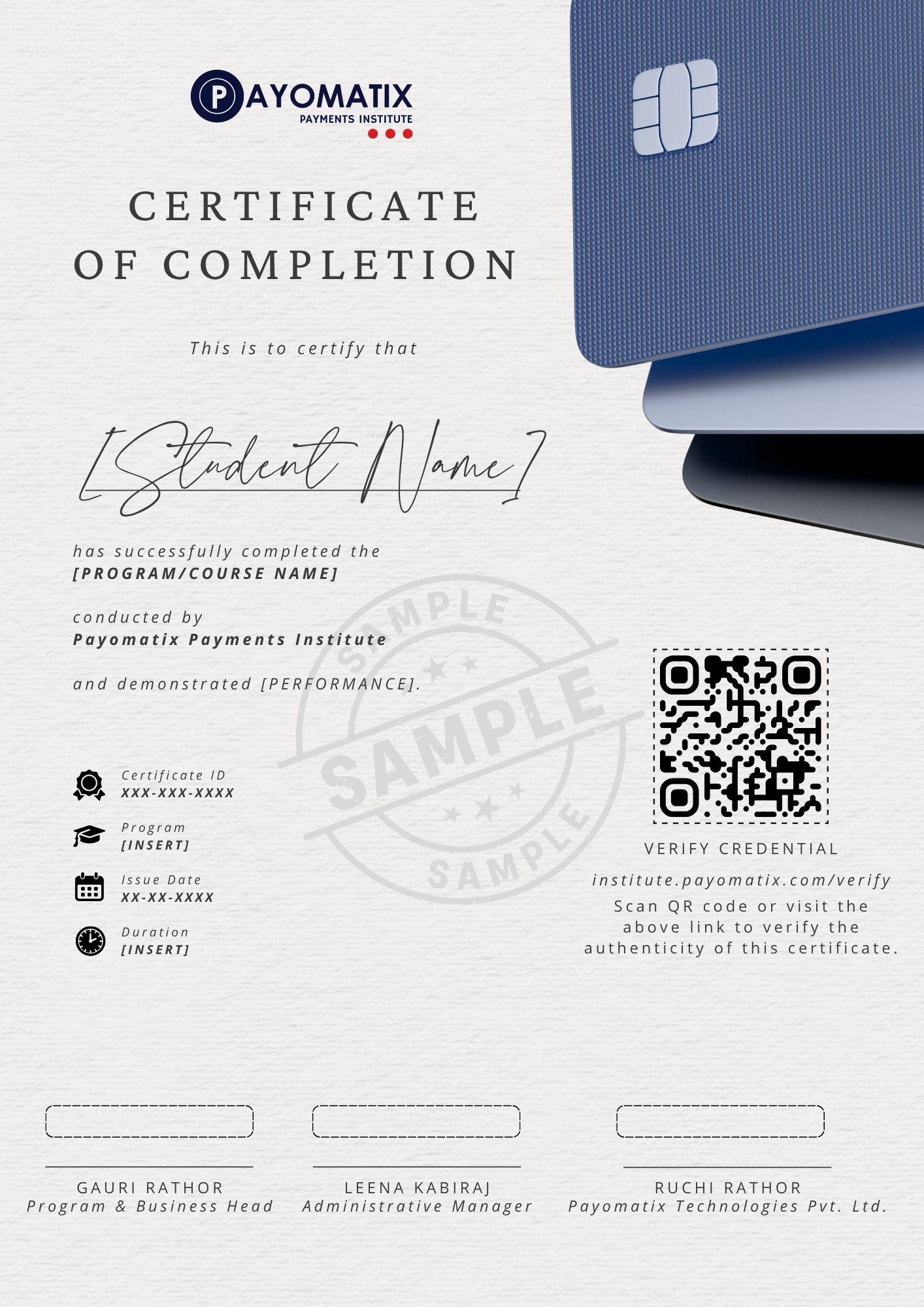 Sample Payomatix Payments Institute certificate of completion